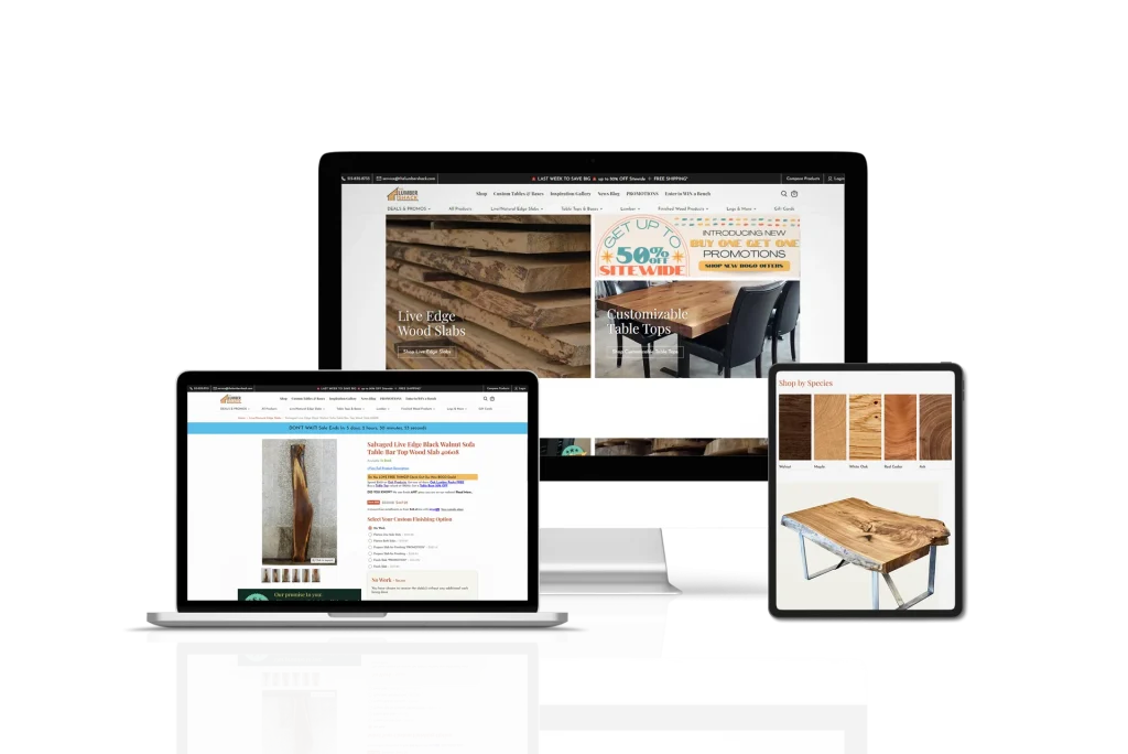 Mockups of the Lumber Shack's website on desktop, laptop, and tablet devices