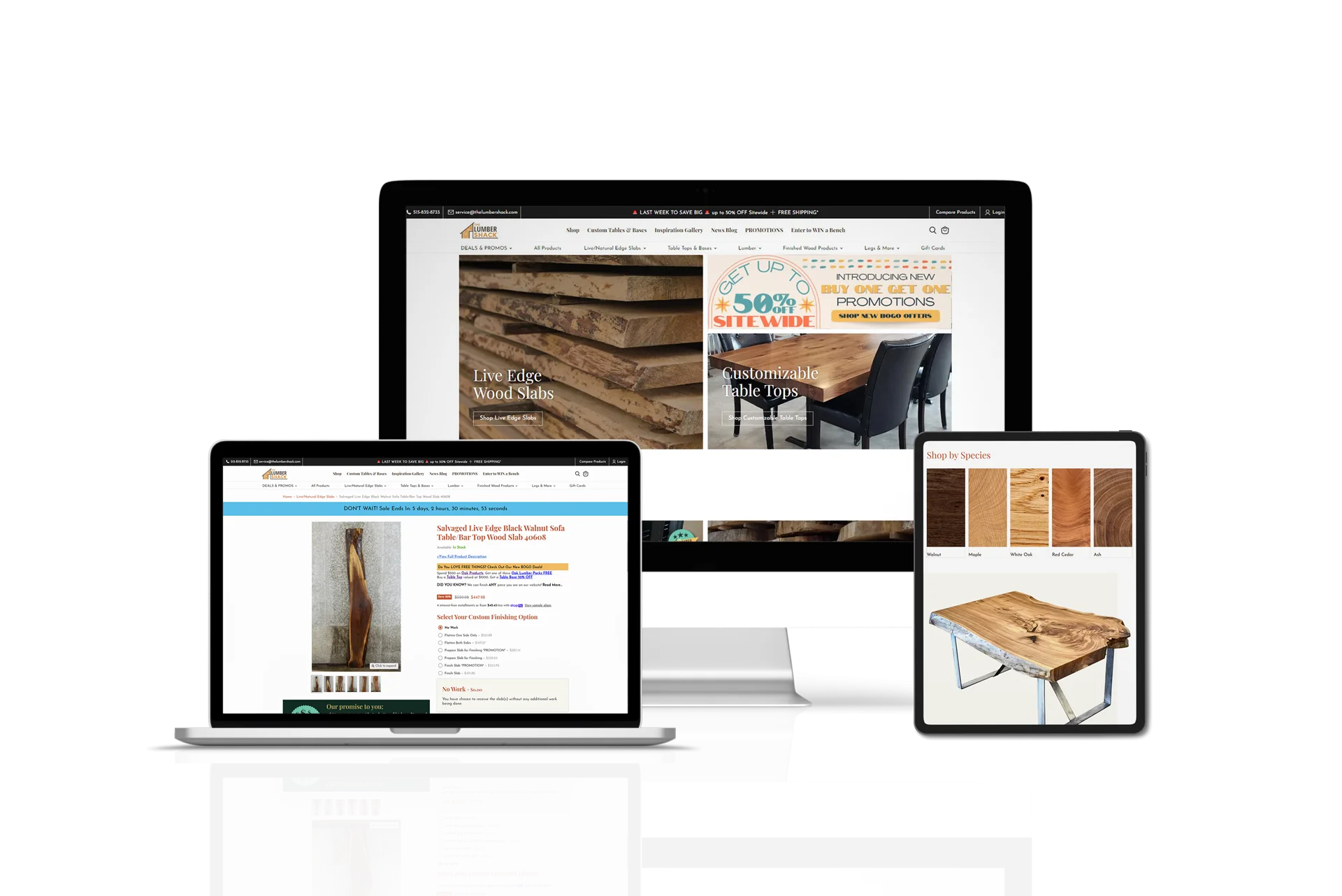 Mockups of the Lumber Shack's website on desktop, laptop, and tablet devices