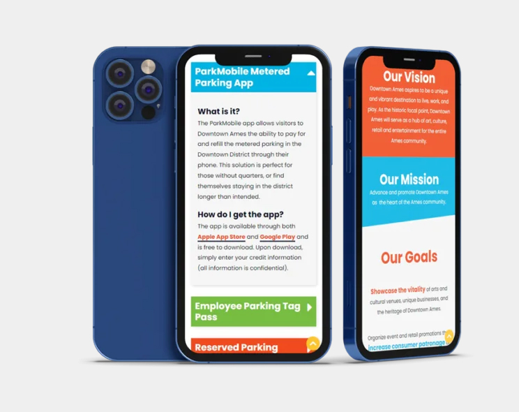 Mobile mockups of the Downtown Ames website