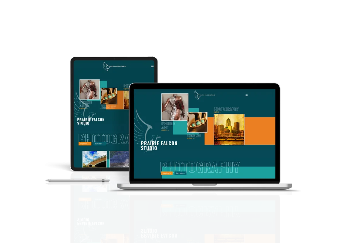 Mockup of a tablet and laptop view of the Prairie Falcon Studio website