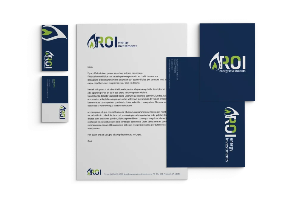 Mockup of branding materials for ROI Energy Investments