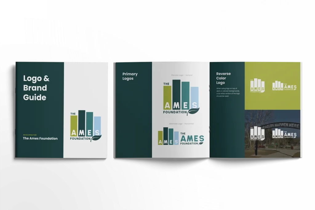 Mockup of the Ames Foundation's Logo & Brand Guide