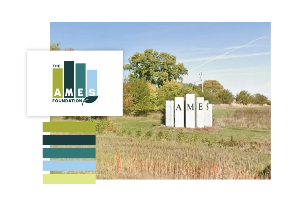 The Ames Foundation logo and colors superimposed over the Ames sign that inspired the logo