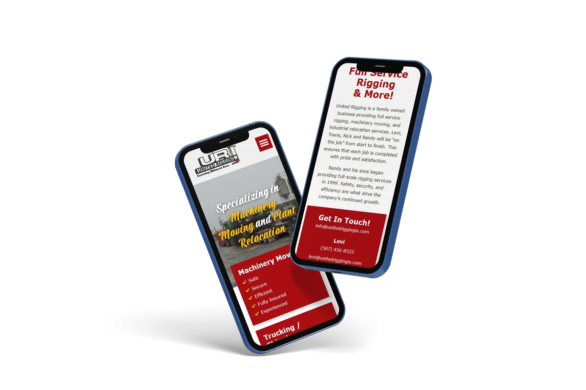 United Rigging - website mockup on 2 iphones