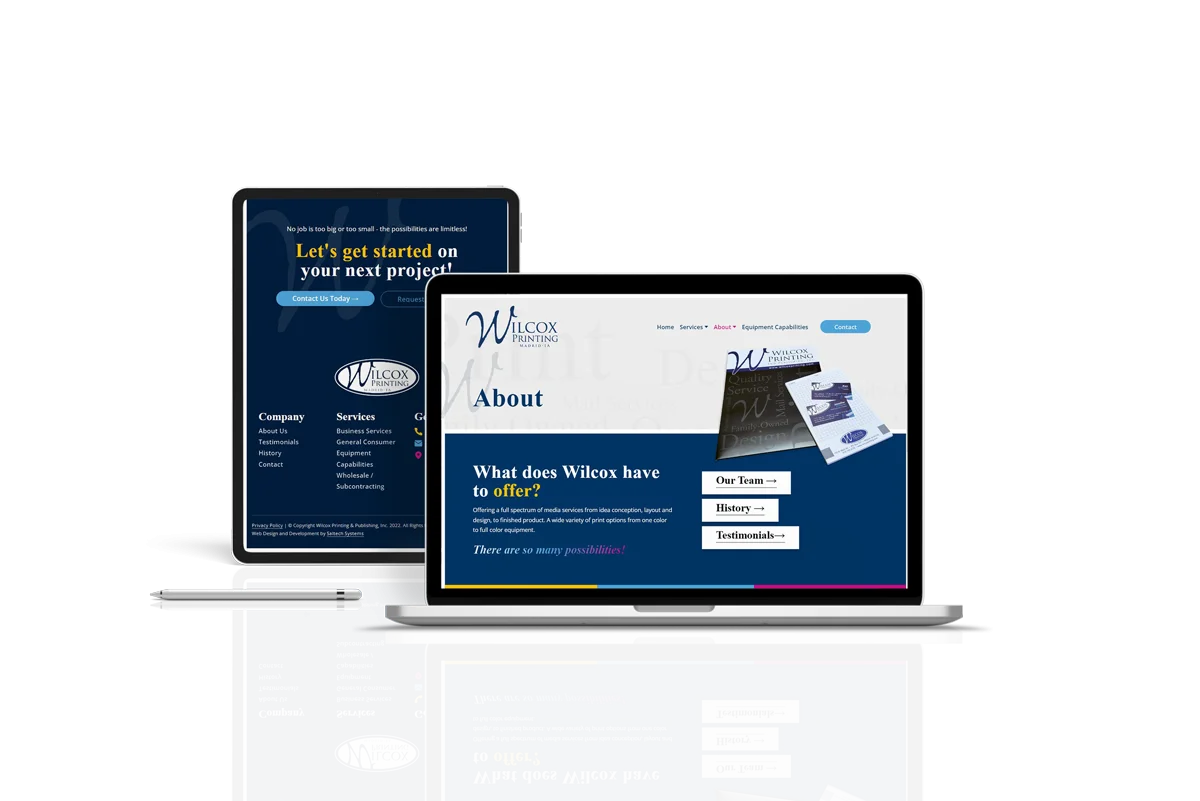 Wilcox Printing - mockup of website on a laptop and a tablet
