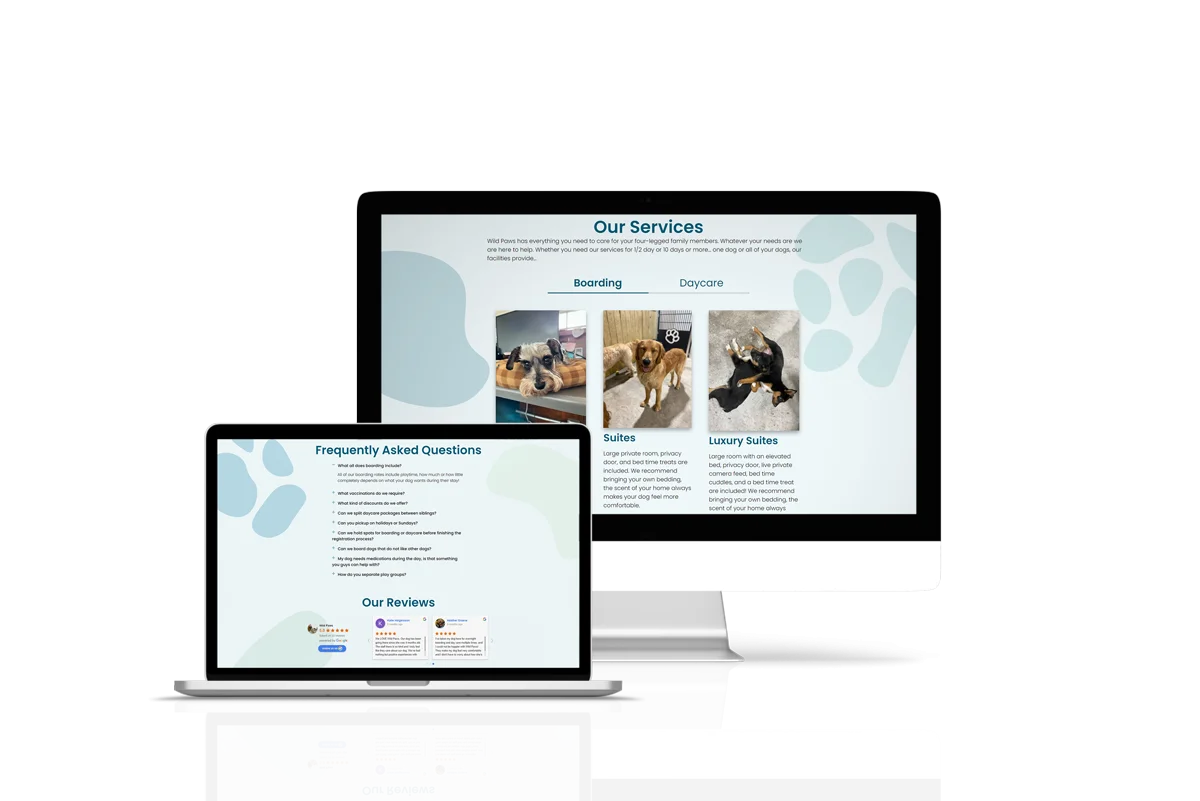 wildpaws website mockup on a laptop and a desktop